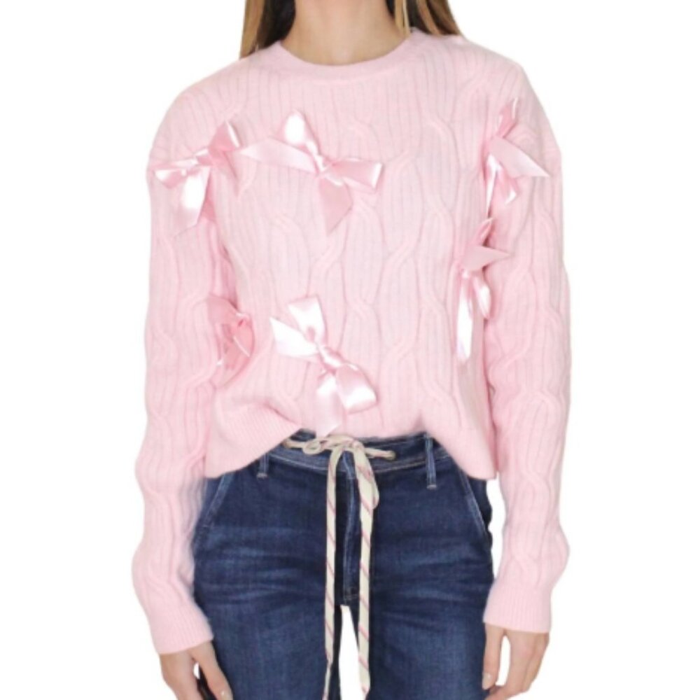 Storia Cable Knit Bow Detail Crewneck Sweater, Pink - Womens Small